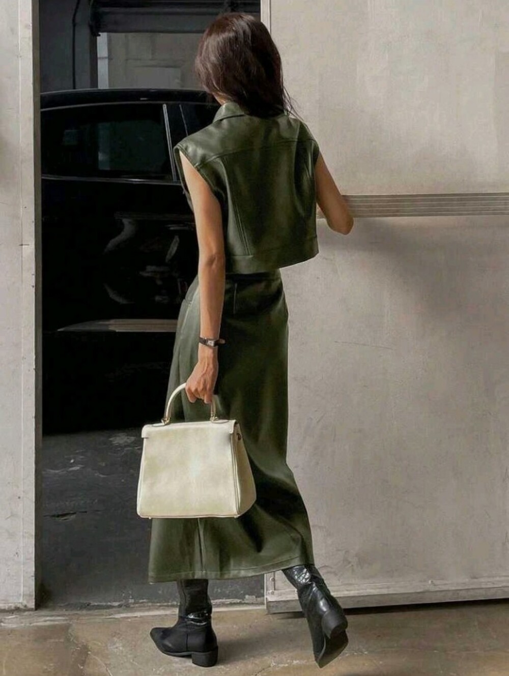2 Pieces Set Women Autumn/Winter Front Button Pocket Blouse And PU Skirt Long - Picture 2 of 4